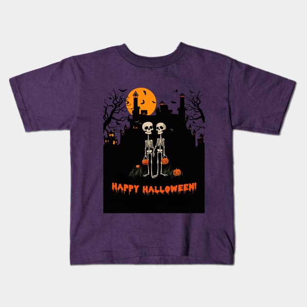 Happy Halloween Skeleton Couple Kids T-Shirt by 2HivelysArt